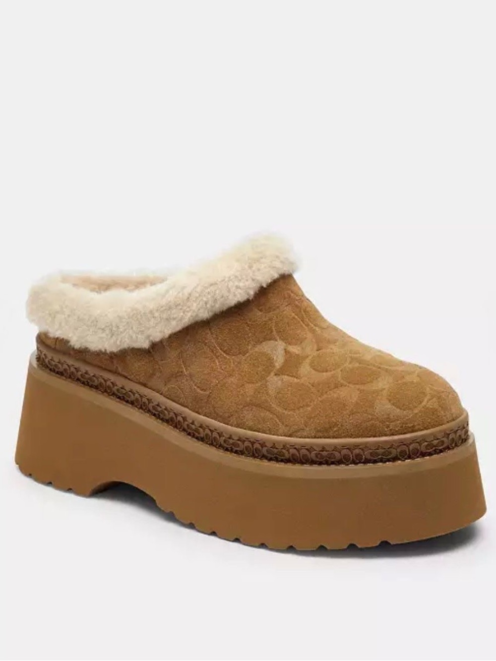 Coach Chestnut Suede Platform Shearling Mule